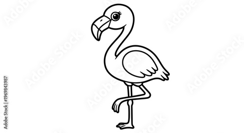 Whimsical Outline of a Playful Flamingo Standing on One Leg Ideal for Children's Art Educational Materials and Creative Design Projects Requiring a Charming Avian Element.