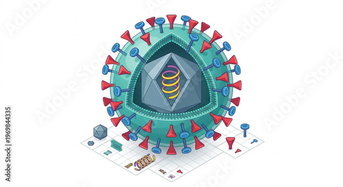 ​3D isometric vector illustration of a virus structure showing internal components, viral envelope, protein spikes, and genetic material on white background.
