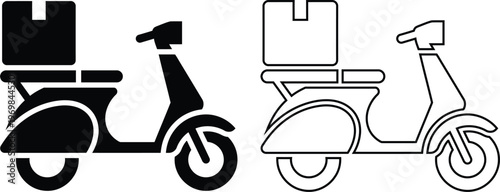 Vector icon set of delivery scooter with parcel box in solid black silhouette and line outline styles isolated on white background for express courier shipping and fast food transport.