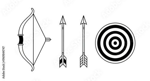 Archery bow and arrow equipment set.