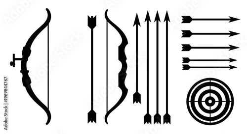 Archery bow and arrow equipment set.