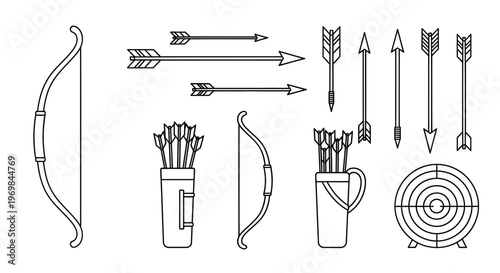 Archery equipment and arrows illustration.