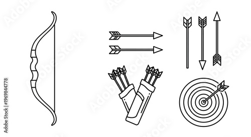 Archery bow and arrow equipment set.