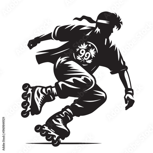 Aggressive roller skater in action with dynamic pose with extreme sport with inline skating with black and white with white background