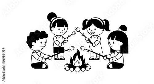 Children Roasting Marshmallows Around Campfire.