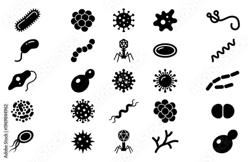 Set of black microorganism icons including bacteria viruses and various infectious pathogens