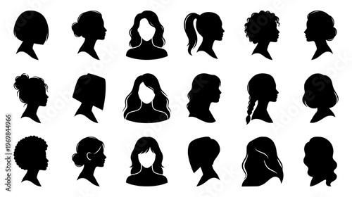 Set of eighteen elegant female head silhouettes with diverse hairstyles from side and front views