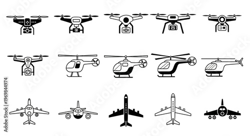 Collection of aircraft and helicopters icons.
