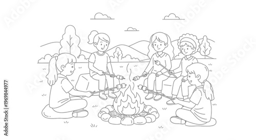 Children sitting around campfire together.