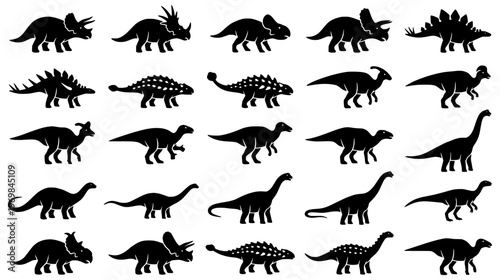 Set of black herbivorous dinosaur silhouettes including Triceratops Stegosaurus and long neck sauropod species