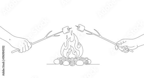 Hands holding roasted marshmallows over campfire.