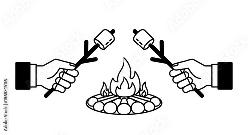 Hands holding marshmallow toasting sticks.