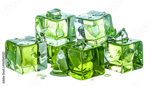 Green, translucent cubes of varying sizes, stacked and clustered, with a reflective quality