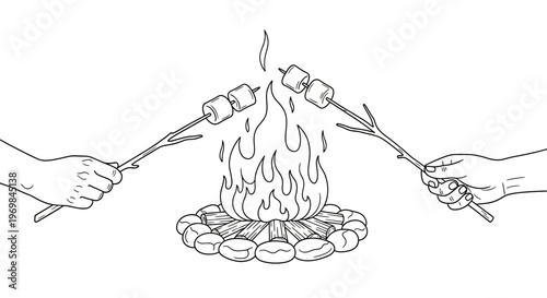 Hands holding skewers over campfire toasting.