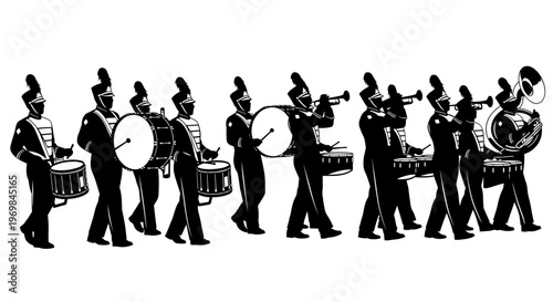 Marching band in uniform playing instruments.
