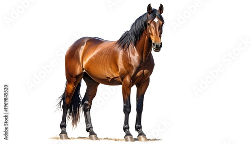 A majestic brown equine stands on a white background, captured with fine detail, showcasing a glossy coat and elegant pose