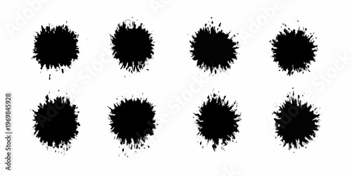 Abstract arrangement of eight irregular dark ink blots on a white background