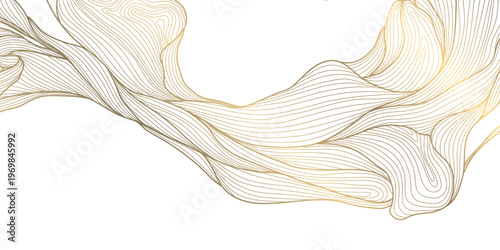 Luxury abstract gold floral line pattern on white background, elegant leaves, flowers, flowing abstract waves. Modern vector illustration, Japanese ornament, Art Deco and Art Nouveau.