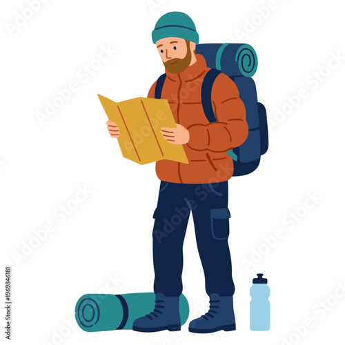 Man with backpack studies map while standing on hiking trail outdoors