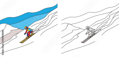 Winter sports illustration of a downhill skier on a snowy mountain slope, featuring side-by-side colored and black-and-white line art versions perfect for a coloring book.