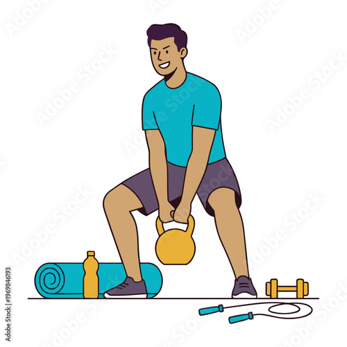 Man exercising with kettlebell in gym with yoga mat and weights