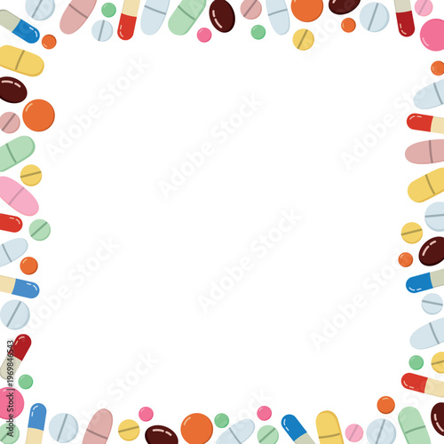 Banner with different pills and capsules. Frame of colorful pharmaceutical elements