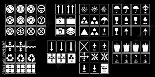 Collection of diverse white warning direction and symbol pictograms on black