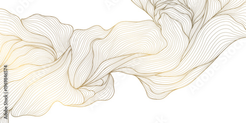 Luxury abstract gold floral line pattern on white background, elegant leaves, flowers, flowing abstract waves. Modern vector illustration, Japanese ornament, Art Deco and Art Nouveau.