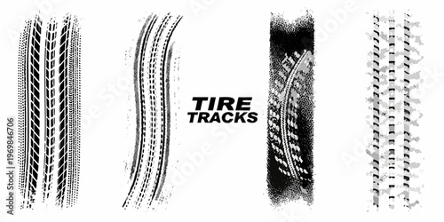 Four distinct tire track impressions displayed in black and white