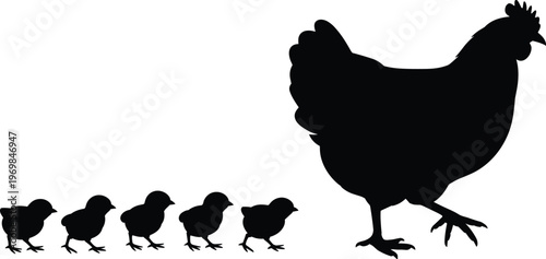 Silhouette illustration of mother hen leading four chicks in a line, symbolizing family, guidance, protection, nurturing, and traditional farmyard animal imagery