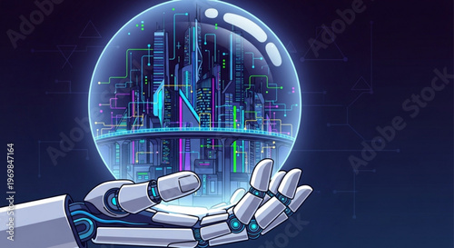 Robotic hand holding glowing blue crystal ball with futuristic cityscape and data visualization inside representing technology and innovation