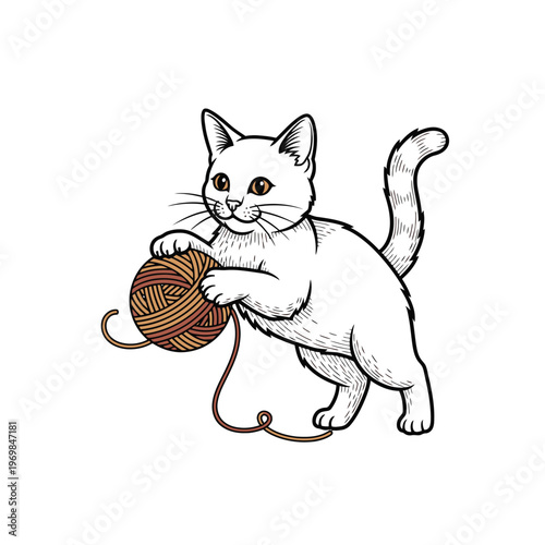 White cat playing with yarn ball.