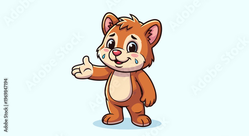 Cute cartoon brown bear cub character with a friendly expression and outstretched hand on a light blue background.