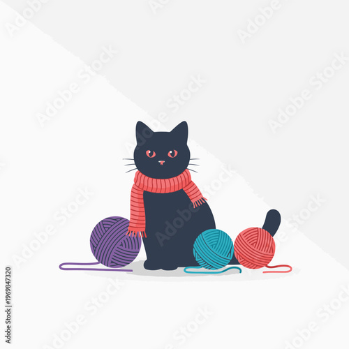 Black cat wearing red sweater playing yarn.