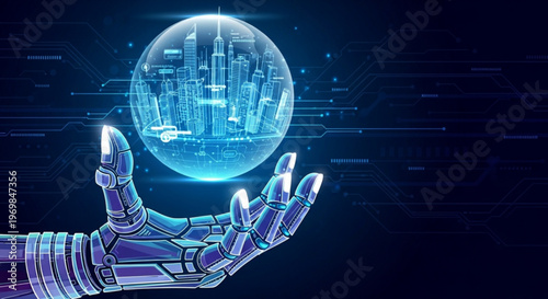 Robotic hand holding glowing blue cityscape globe with futuristic technology background