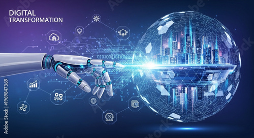 Robotic hand touching a glowing blue globe with digital transformation icons and futuristic cityscape inside symbolizing technology and innovation