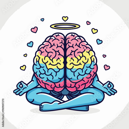 Brain illustration with heart symbols.