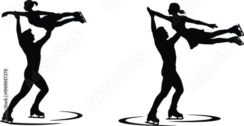 Silhouette illustration of pair figure skaters performing lifts on ice, showcasing elegance, strength, balance, and coordination in dynamic professional skating performance