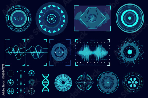 Tableau sur toile Futuristic interface elements with glowing blue shapes and digital displays
