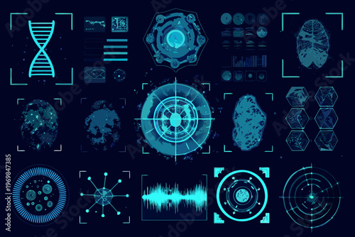 Futuristic interface displaying biological data and scientific visualizations