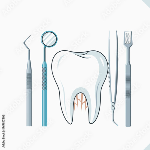 Dental tools and tooth illustration.