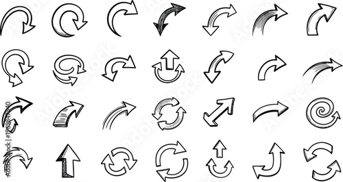 Collection of hand drawn circular and directional arrows in black and white