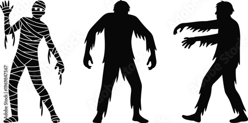 Silhouette illustration of mummy and zombies in horror poses, depicting classic undead characters with bandages, tattered clothing, and eerie walking stance for Halloween themes
