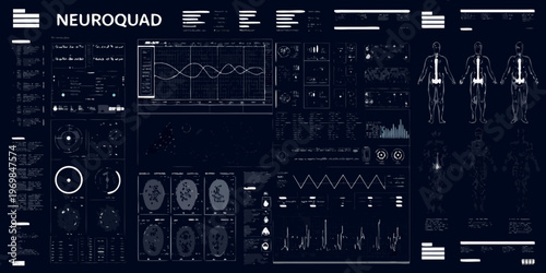 Neuroquad interface displays brain scans waveforms and human anatomical visualizations