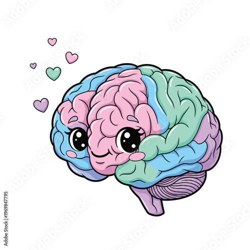 Colorful brain with hearts floating by.