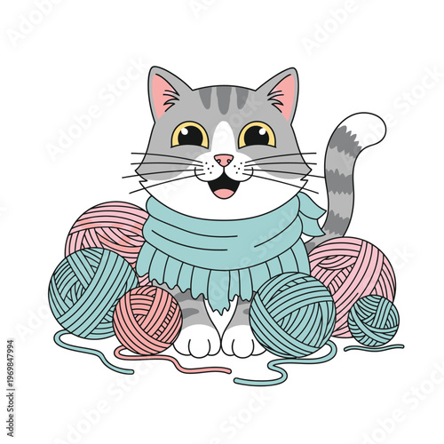 Cartoon cat playing with colorful yarn balls.