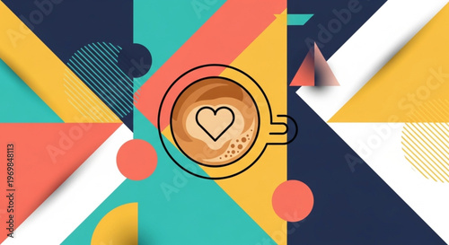 Centered coffee cup with heart latte art on vibrant geometric pattern background, suitable for modern cafe branding visuals.