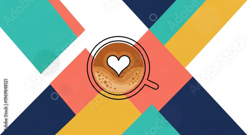 Clean top view coffee cup with heart latte art on minimal geometric background, ideal for modern branding and lifestyle visuals.