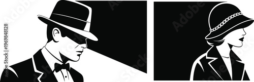 Stylized black and white silhouettes of man in fedora and woman in cloche hat with geometric background, vintage noir aesthetic representing fashion, elegance, and retro design