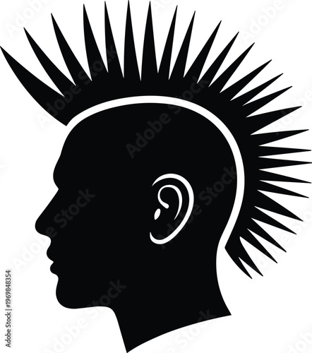 Silhouette profile of human head with distinctive mohawk hairstyle representing punk culture, individuality, rebellion, and alternative fashion in bold graphic illustration design